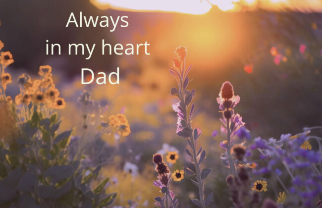 Much Loved Fathers day branded image of a sunset over a flower meadow