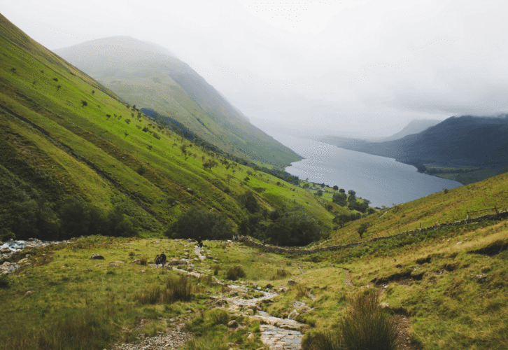 A serene landscape with rolling green hills descending towards a narrow, misty lake under a cloudy sky.